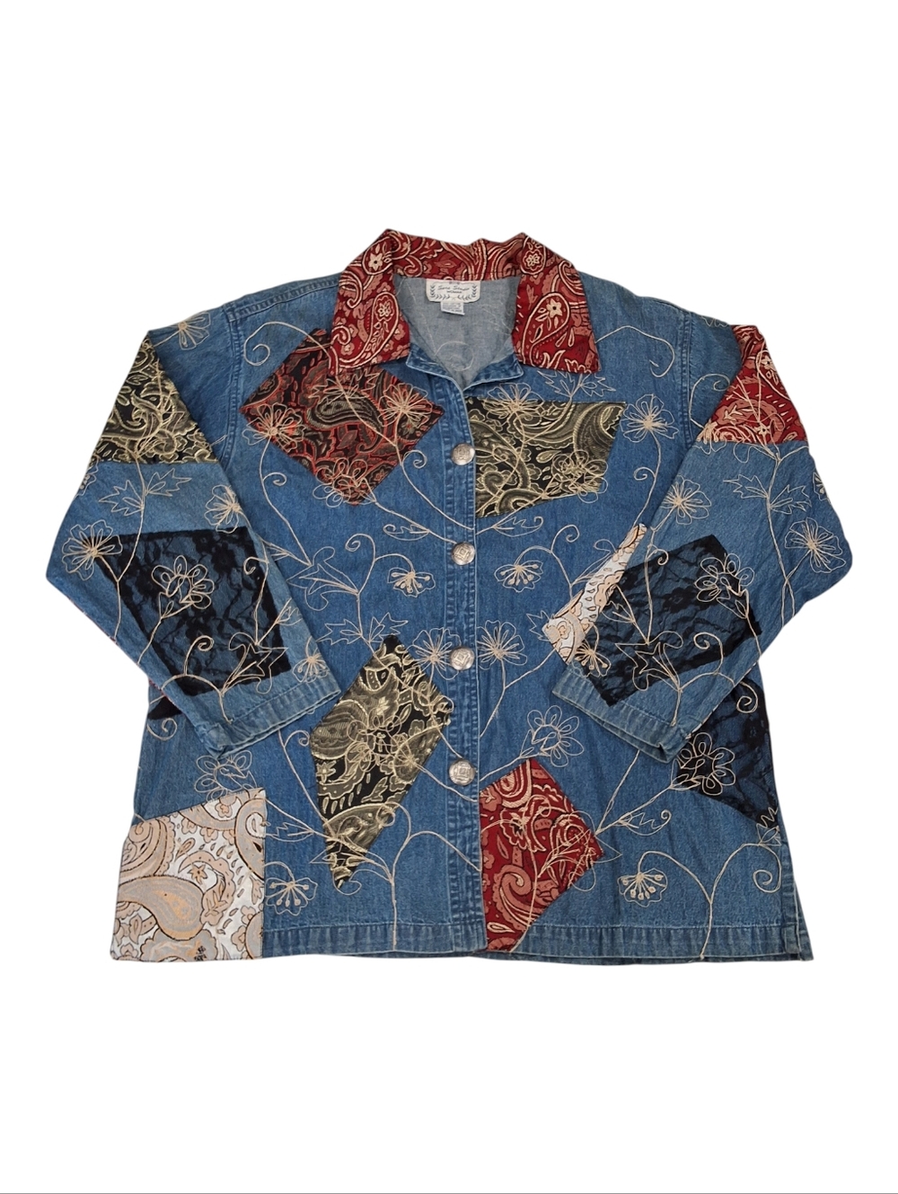 Sara Studio~Womens VTG Patchwork Embroidery Denim Jean Chore Jacket~Barn Coat~2X - Picture 2 of 10